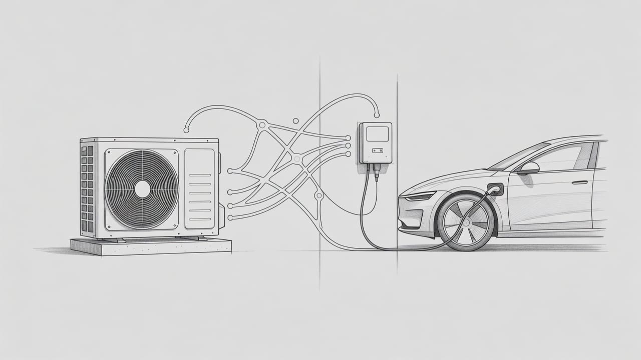 Eine grafische Skizze auf hellgrauem Hintergrund zeigt eine Wärmepumpe und ein Elektroauto mit Ladestation. Eine stilisierte Verbindungslinie symbolisiert das intelligente Zusammenspiel beider Systeme innerhalb eines modernen energetischen Heimnetzwerkes.