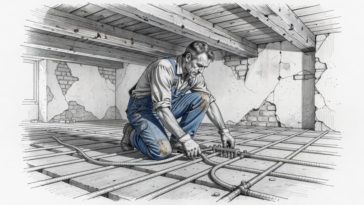 Eine detaillierte Graphitskizze zeigt einen Arbeiter, der Heizungsrohre auf Dämmplatten zwischen rustikalen Holzbalken verlegt. Die Textur der Wände und der Bodenaufbau vermitteln einen authentischen Eindruck der fachgerechten Altbausanierung.