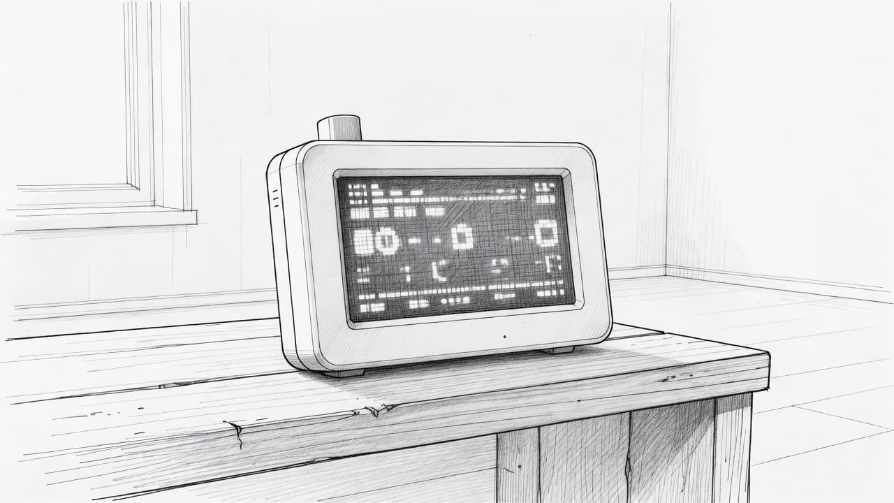 Eine detaillierte Graphitzeichnung zeigt ein technisches Messgerät auf einem hölzernen Regal. Die schattierte Skizze visualisiert die Überwachung von Temperatur und Luftfeuchtigkeit in einer stilisierten, sauberen Umgebung auf weißem Papier.