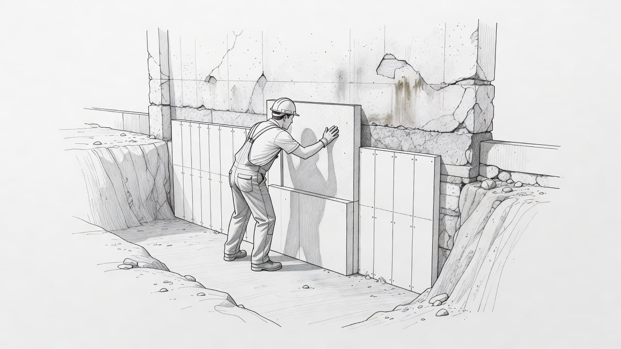 Bleistiftzeichnung von der Montage einer Perimeterdämmung an einer Kellerwand.