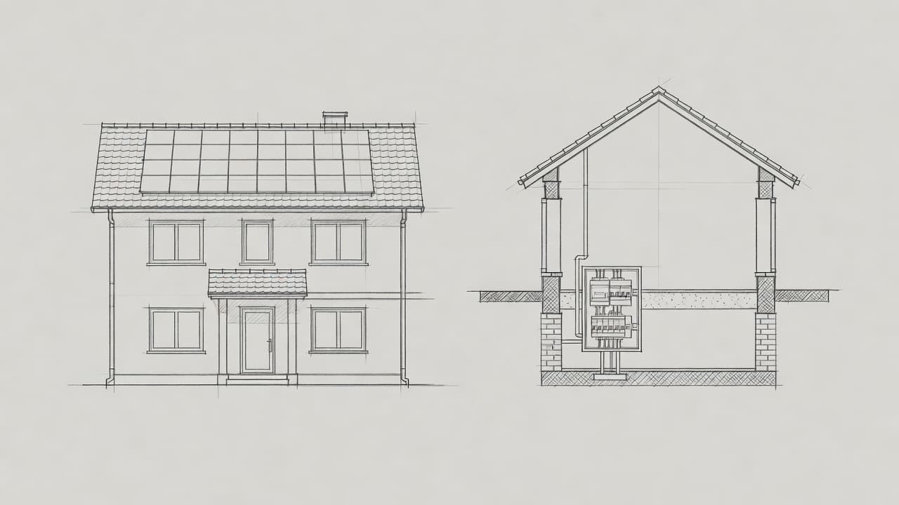 Graphitzeichnung eines Wohnhauses mit Solaranlage und eines elektrischen Zählerschranks.