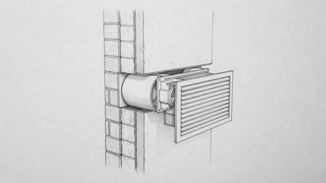 Eine technische Skizze zeigt den Aufbau einer dezentralen Lüftung innerhalb einer Hauswand.