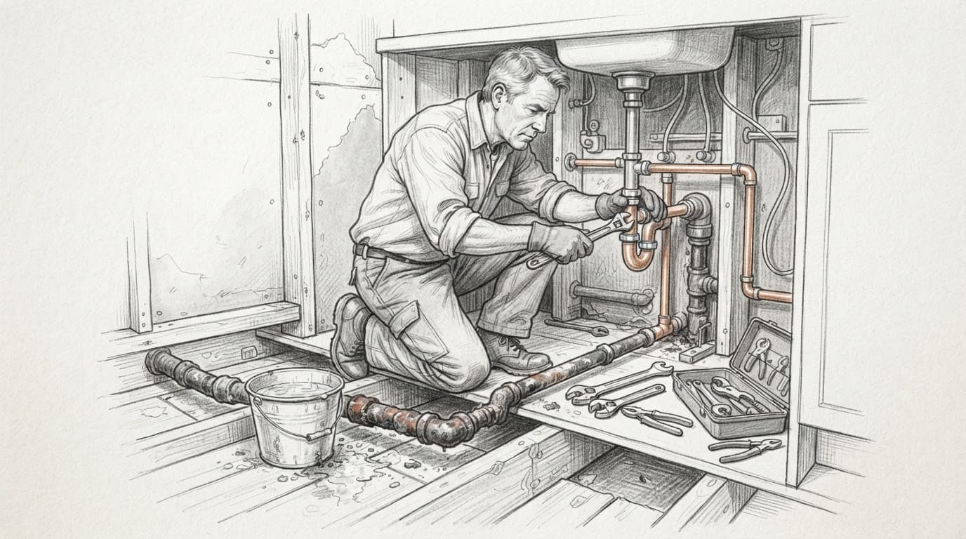 Eine Graphitzeichnung von einem Klempner, der alte Rohre in einem Haus ersetzt.