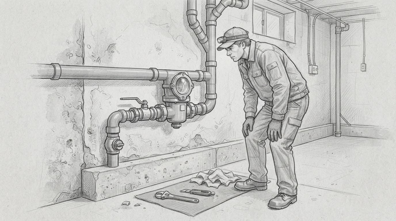 Eine Handzeichnung zeigt die Überprüfung einer Rückstauklappe im Keller.