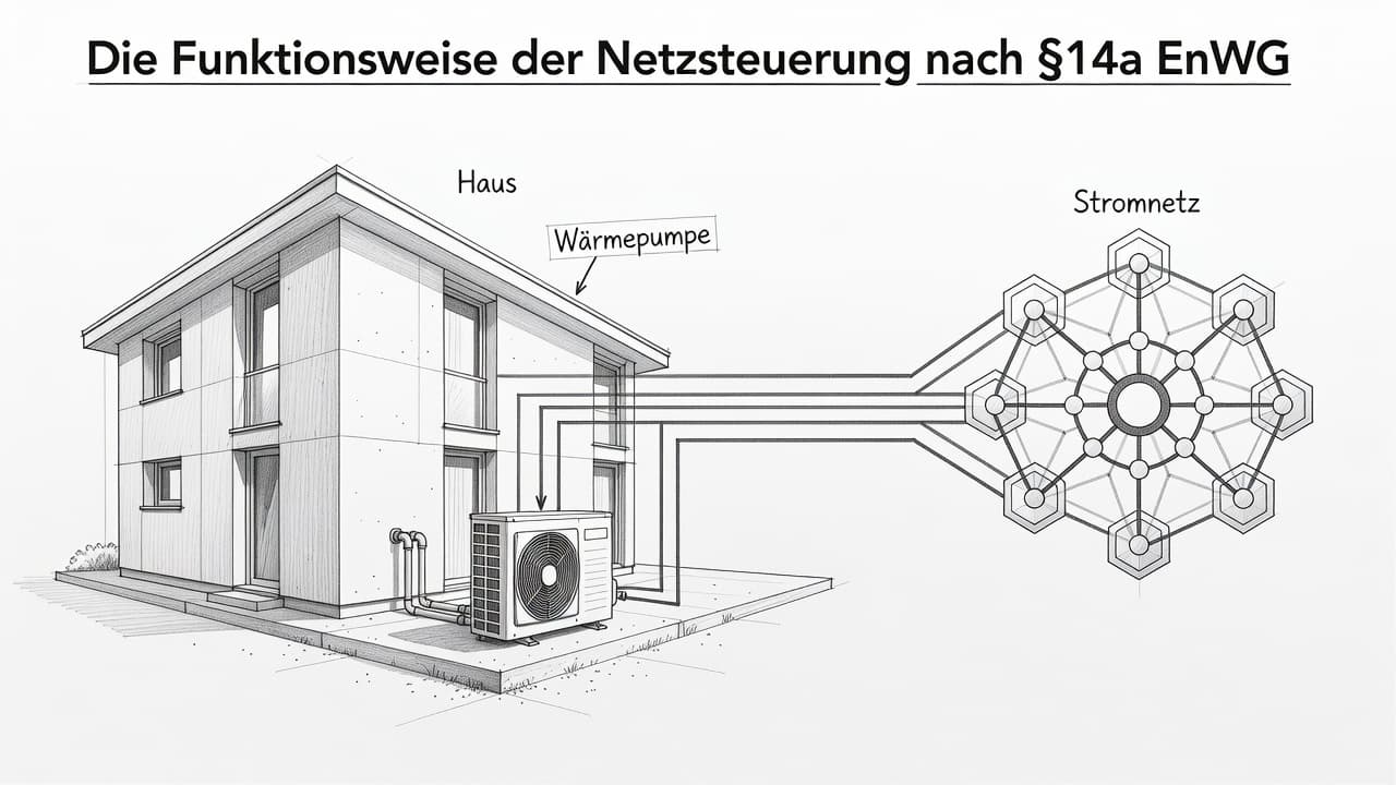 Eine grafische Skizze zeigt ein modernes Wohnhaus neben einer Wärmepumpe. Diese sind über klare Verbindungslinien mit einem stilisierten Stromnetz-Symbol verknüpft, wobei die grafitfarbenen Zeichnungen auf einem schlichten, hellen Hintergrund hervortreten.