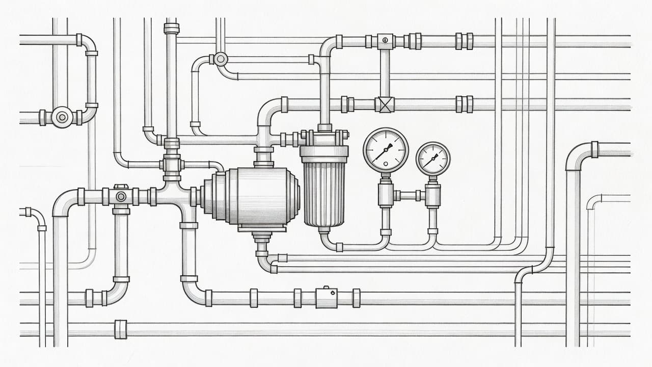 Diese detailreiche Bleistiftzeichnung zeigt ein modernes Pumpensystem mit zahlreichen Rohren, einem integrierten Filter und einem Präzisionsmanometer. Die schattierte Handzeichnung auf strukturiertem Papier betont die technische Präzision komplexer Anlagenkomponenten.