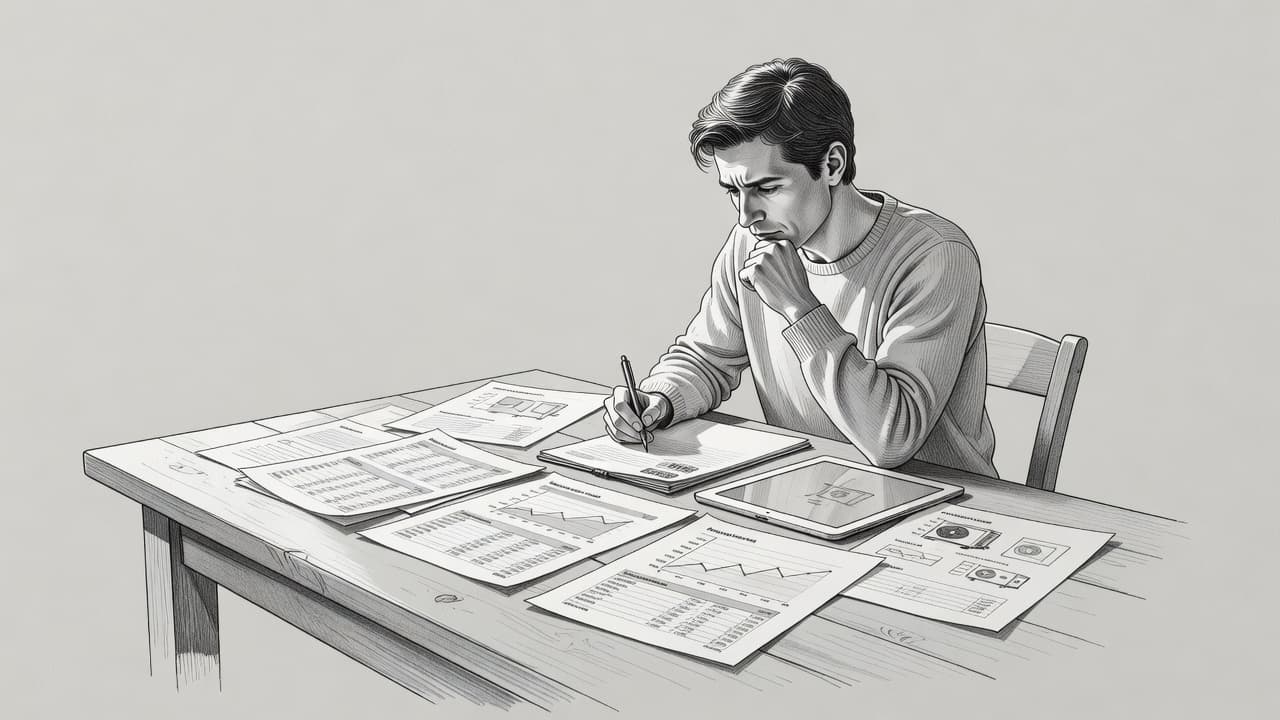 Eine Person sitzt an einem hölzernen Küchentisch und studiert mehrere ausgedruckte Unterlagen sowie ein Tablet. Die Bleistiftzeichnung auf grauem Hintergrund zeigt den fokussierten Prozess der Prüfung verschiedener Angebote für ein Heizungsprojekt.