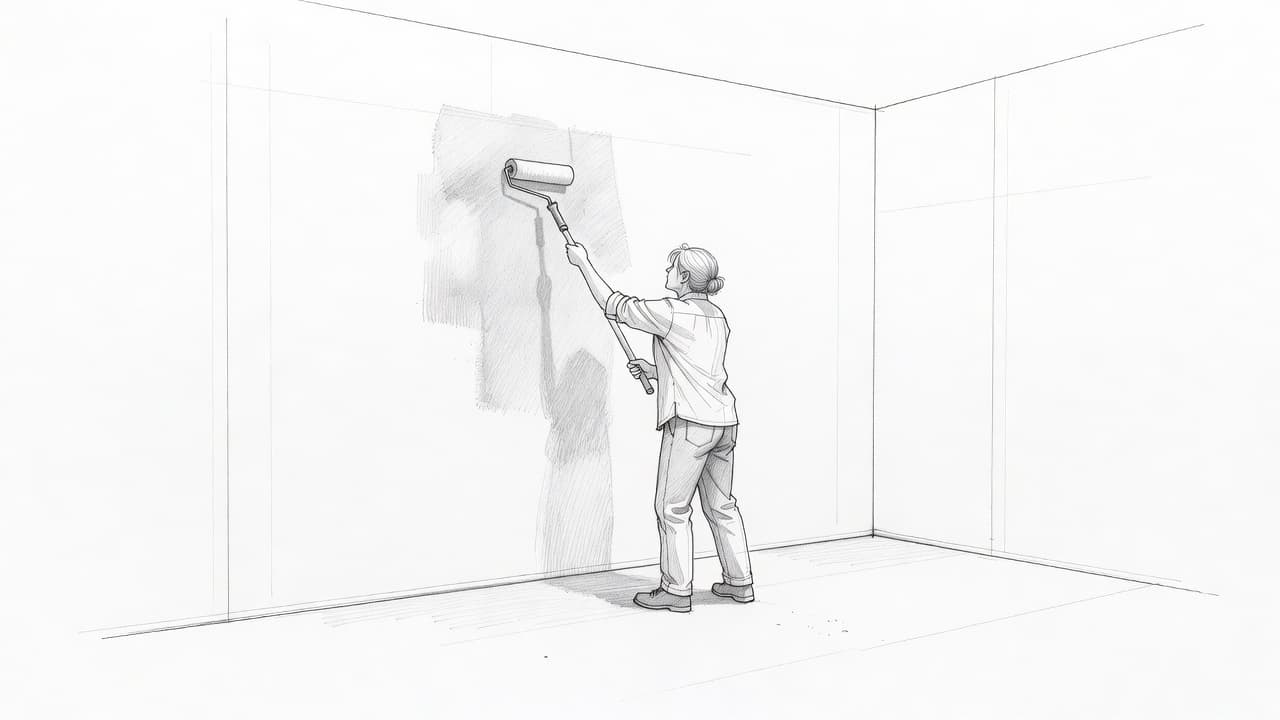 Eine gezeichnete Person streicht mit einer Rolle eine Wand in einem leeren Zimmer.