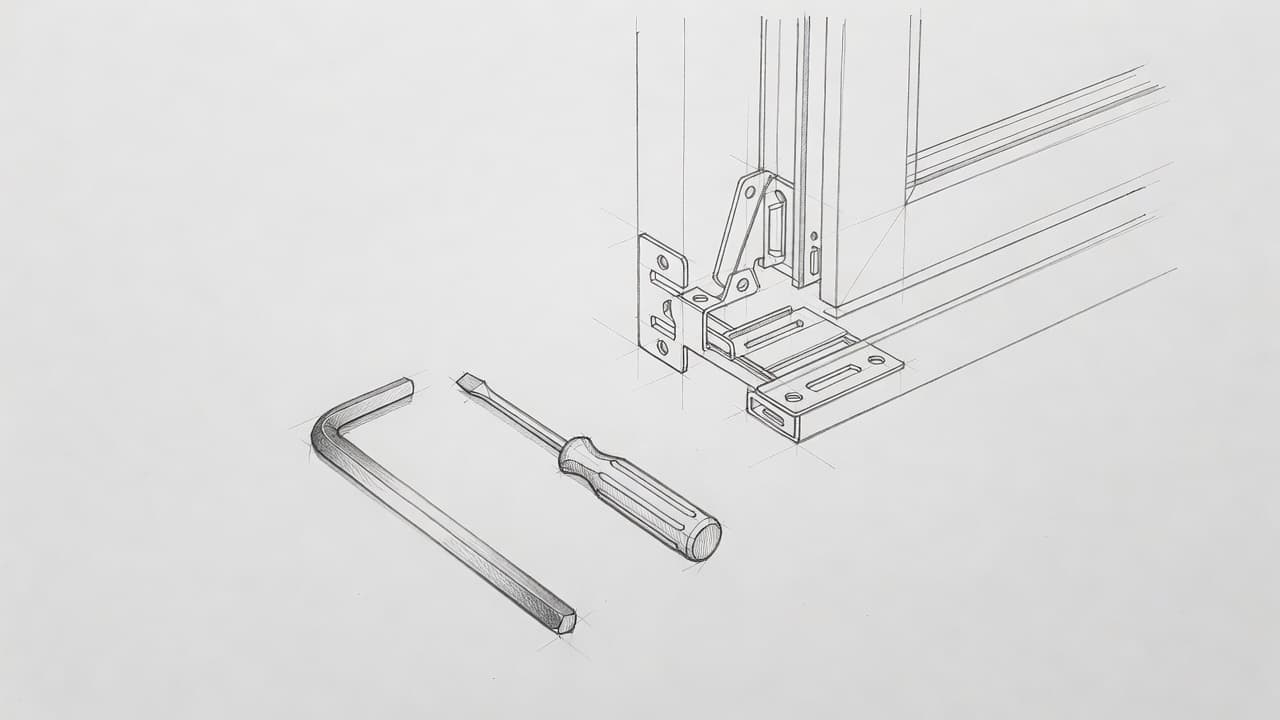 Eine detaillierte Zeichnung von Werkzeugen und einem Fensterbeschlag auf grauem Untergrund.