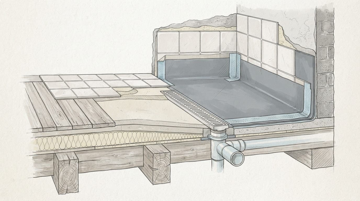 Schnittzeichnung einer wassergeschützten Nassfläche mit Estrich und Holzbalken.