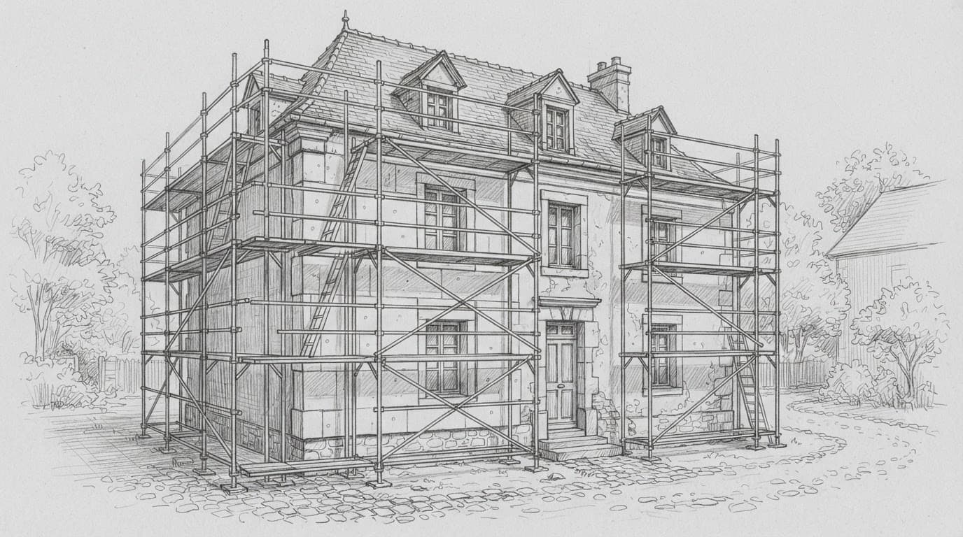 Handzeichnung eines alten Hauses mit Gerüst und Dämmplatten an der Fassade.