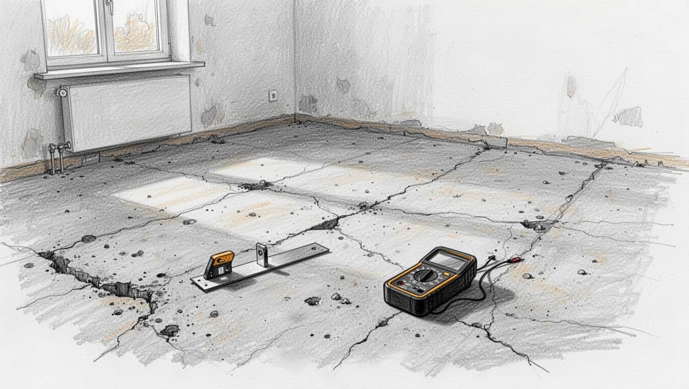 Leerer Raum mit rissigem Zementestrich, Lineal und Feuchtigkeitsmessgerät im älteren Haus.