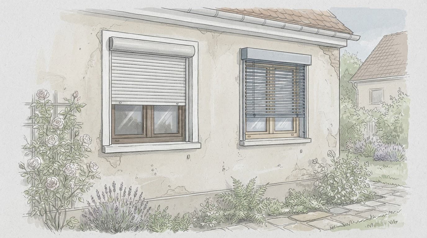 Hausfassade mit Außenrollladen und verstellbarer Außenjalousie an zwei Fenstern.
