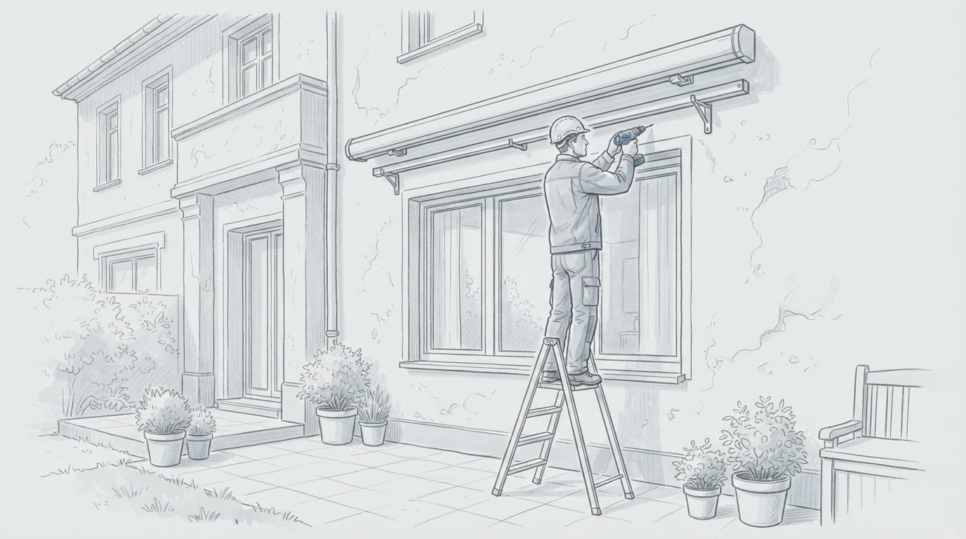 Fachkraft montiert eine Außenmarkise über einem Terrassenfenster.