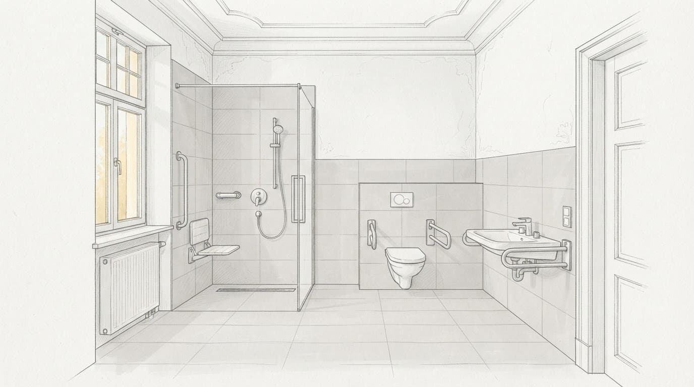Kompaktes Altbau-Bad mit bodengleicher Dusche, Klappsitz und wandhängendem WC.