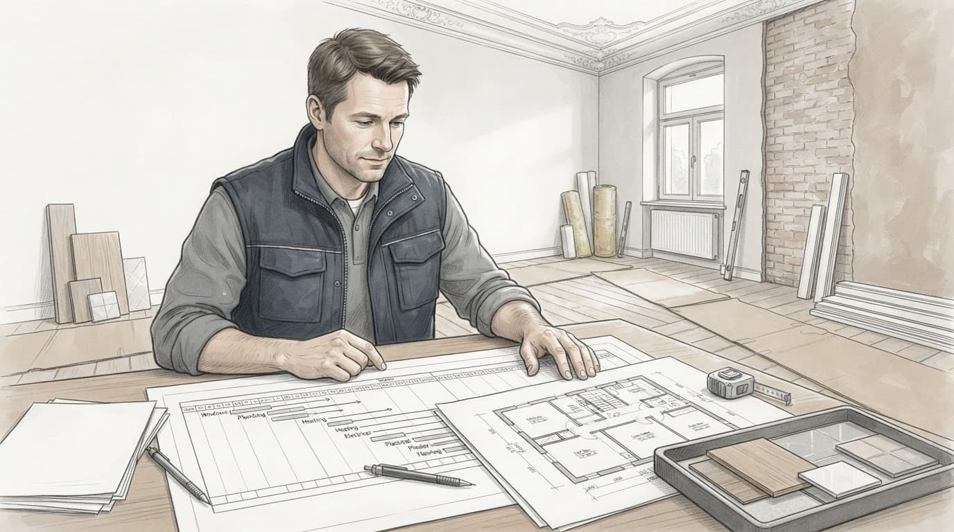 Baukoordinator prüft Zeitplan und Bauplan an einem Arbeitstisch im geschützten Altbau.