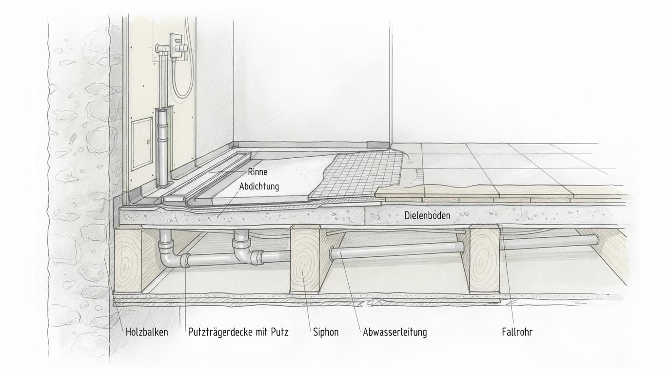 Schnittzeichnung eines Altbaubodens mit bodengleicher Dusche, Abdichtung und geführtem Abwasserrohr.