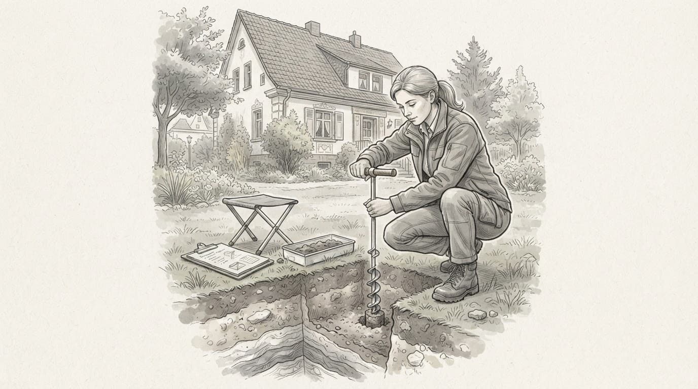 Geotechnikerin entnimmt neben einem Altbau mit einem Handbohrer eine Bodenprobe.