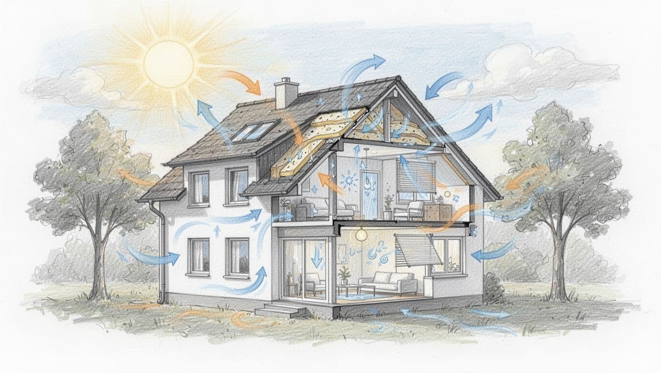 Aufgeschnittenes Haus mit Dachdämmung, Sonnenschutz und nächtlichen Luftwegen.