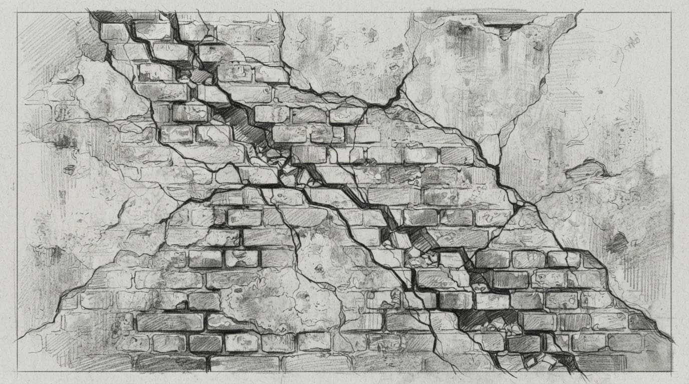 Graphitzeichnung mit diagonalen Rissen auf einer alten Ziegel- und Putzfassade.