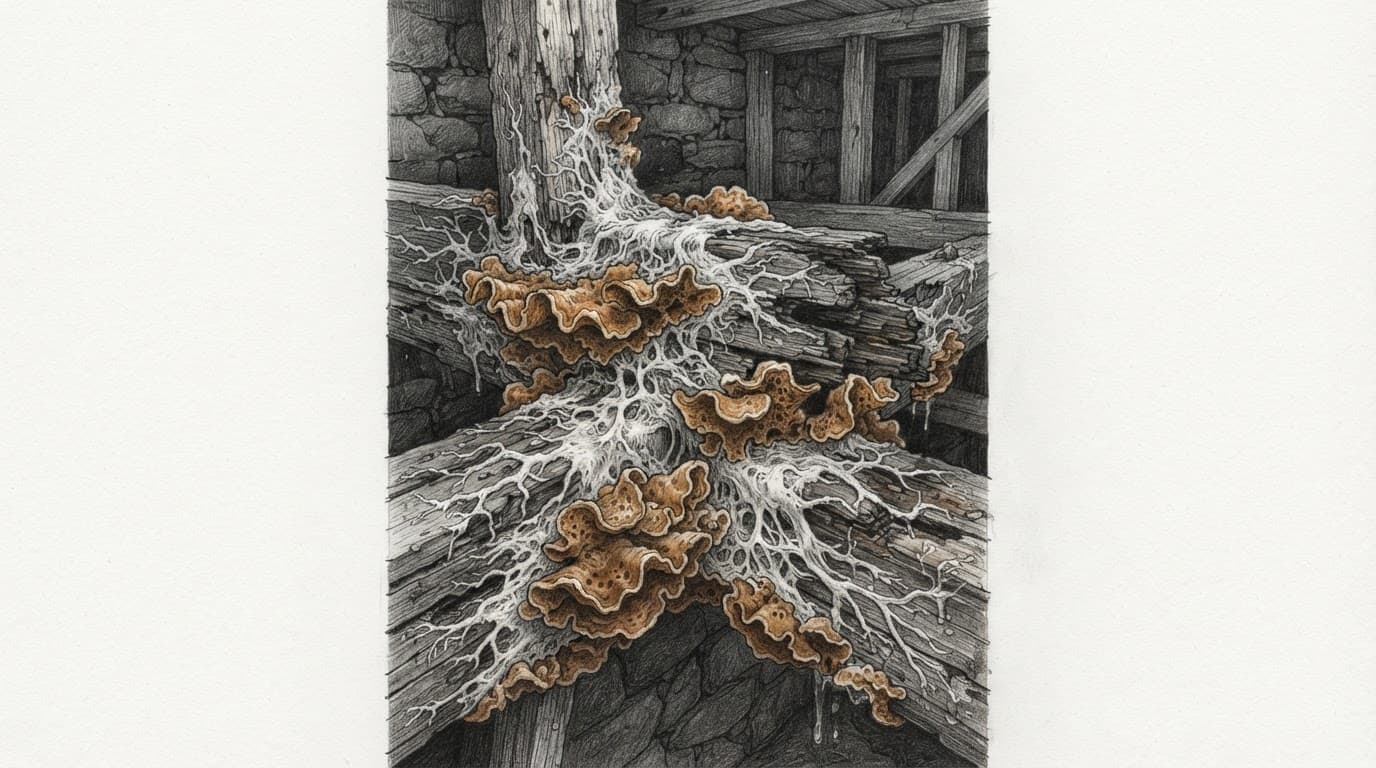 Graphitzeichnung von Echtem Hausschwamm auf alten Holzbalken im Keller.