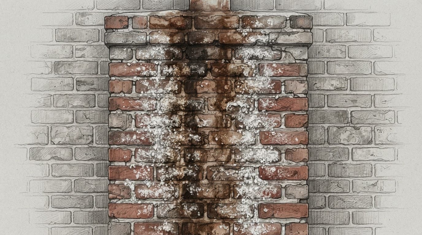 Ein einzelner Ziegelschornstein mit braunen Feuchtigkeitsflecken und weißen Ausblühungen.