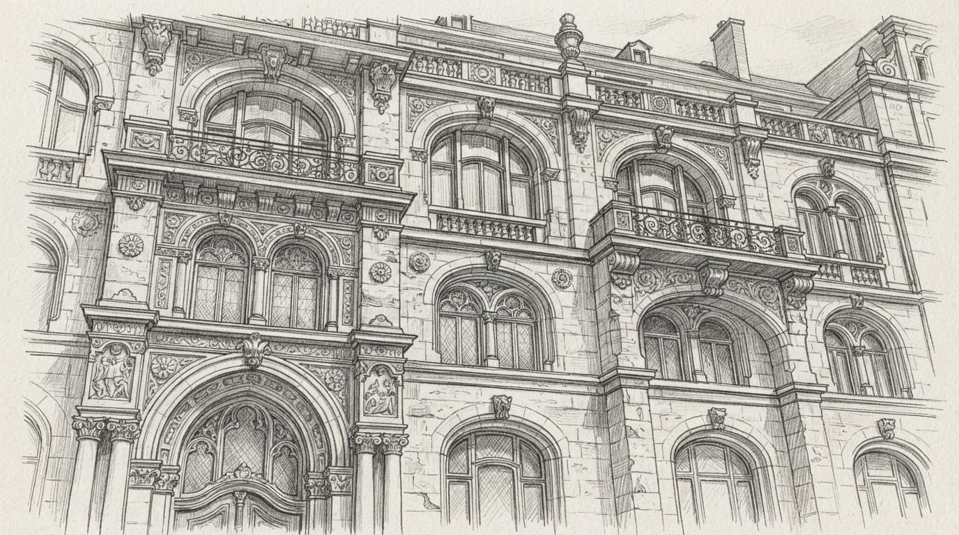 Handgezeichnete Skizze historischer Rundbogenfenster mit Steinornamenten an einer alten Fassade.