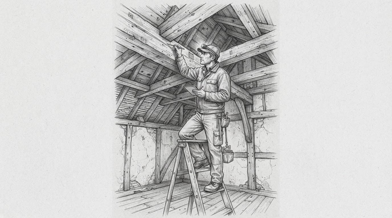 Eine Fachkraft untersucht einen freigelegten Holzbalken in einem alten Haus.