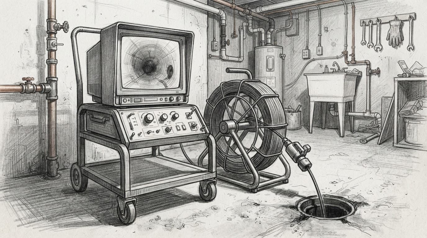 Graphitskizze eines Kanalmonitors und einer Kameratrommel in einem Kellerraum.