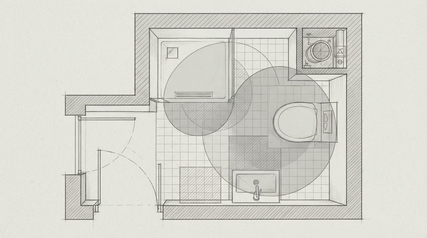 Kleines Altbau-Bad mit Dusche, wandhängendem WC und Waschbecken im Grundriss.