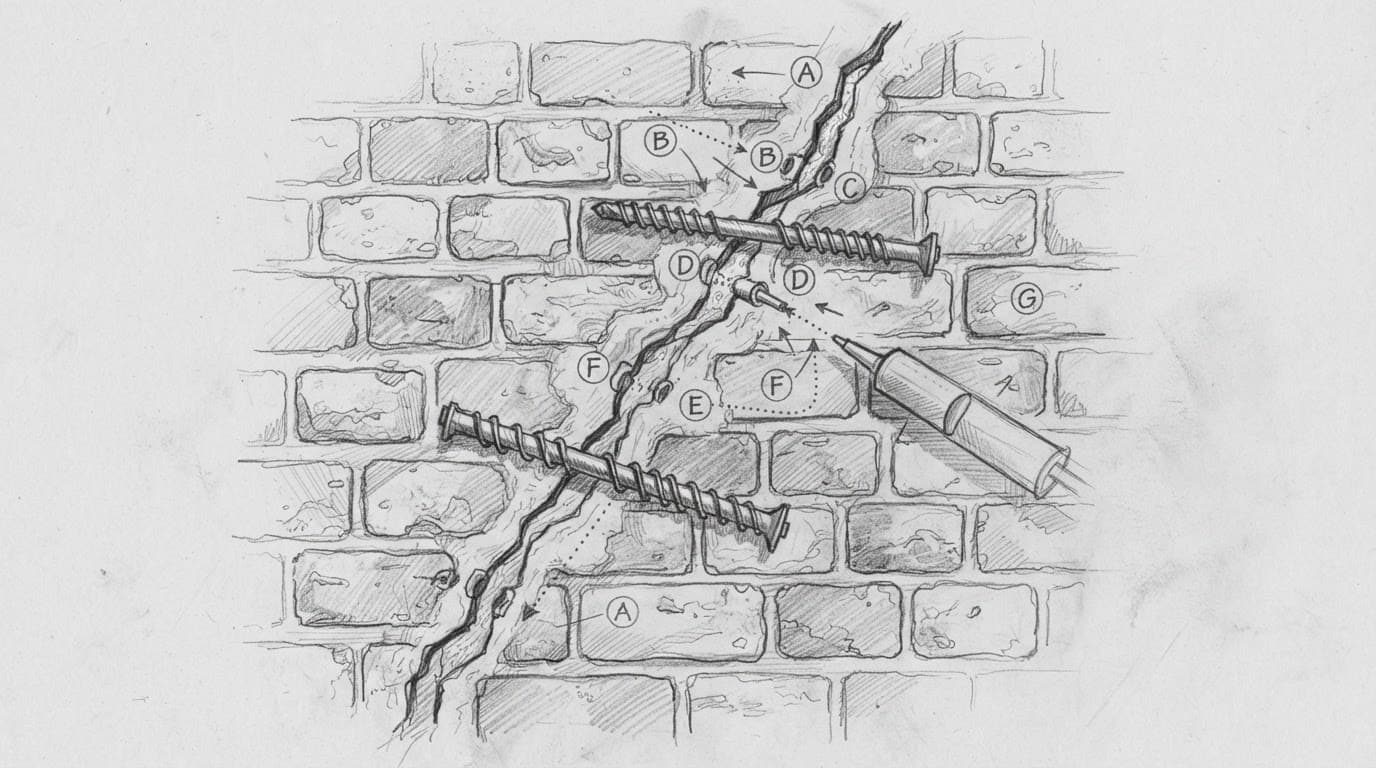 Graphitzeichnung eines Mauerwerksrisses mit Epoxidharz-Injektion und Stahlankern.