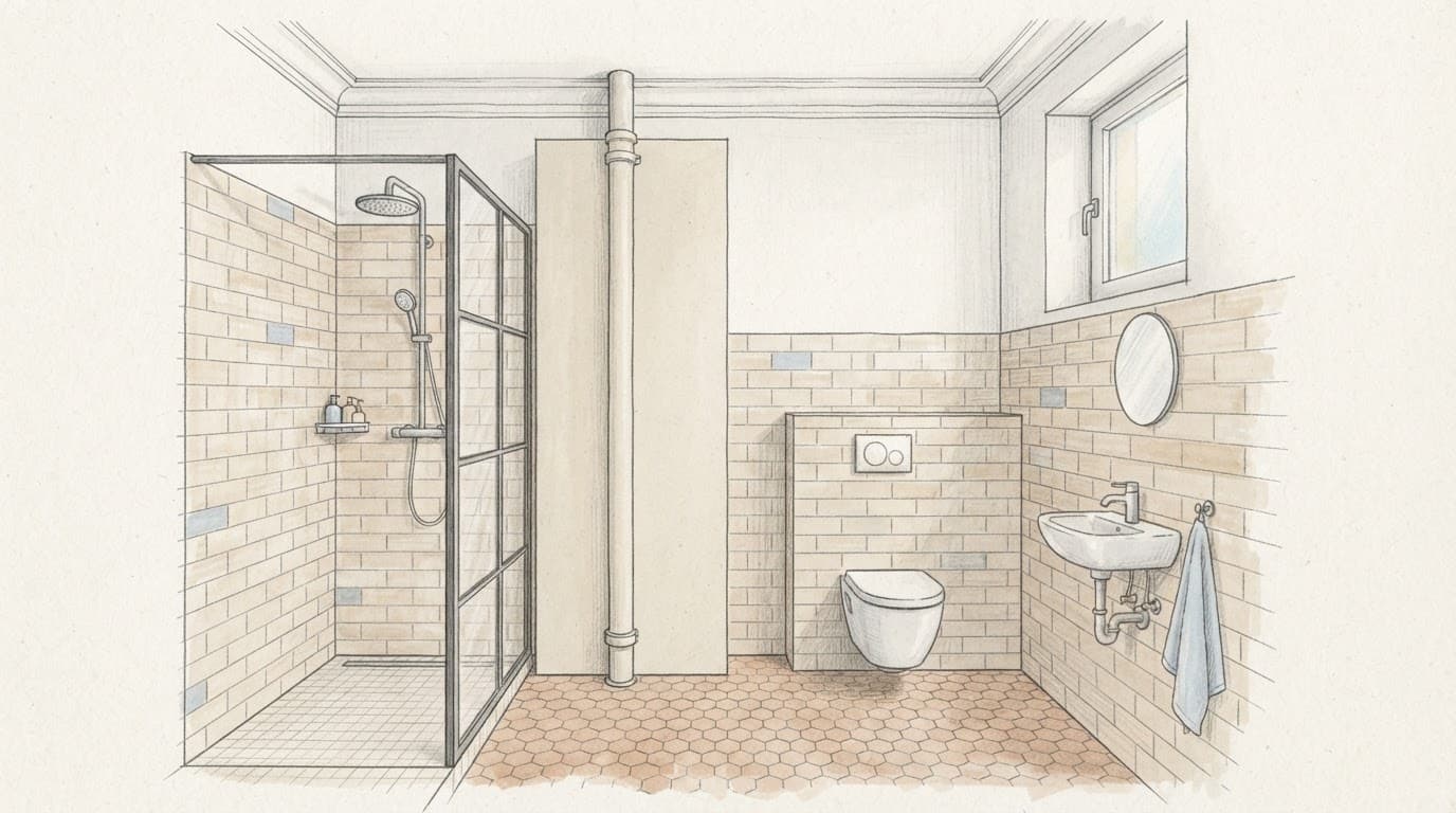 Kompaktes Altbau-Bad mit wandhängendem WC, Waschbecken und Verkleidung am Fallrohr.