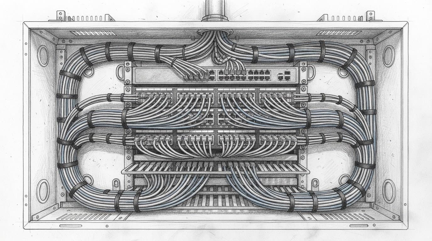Handgezeichnetes Patchpanel mit ordentlich geführten Ethernet-Kabeln in einem Wandschrank.