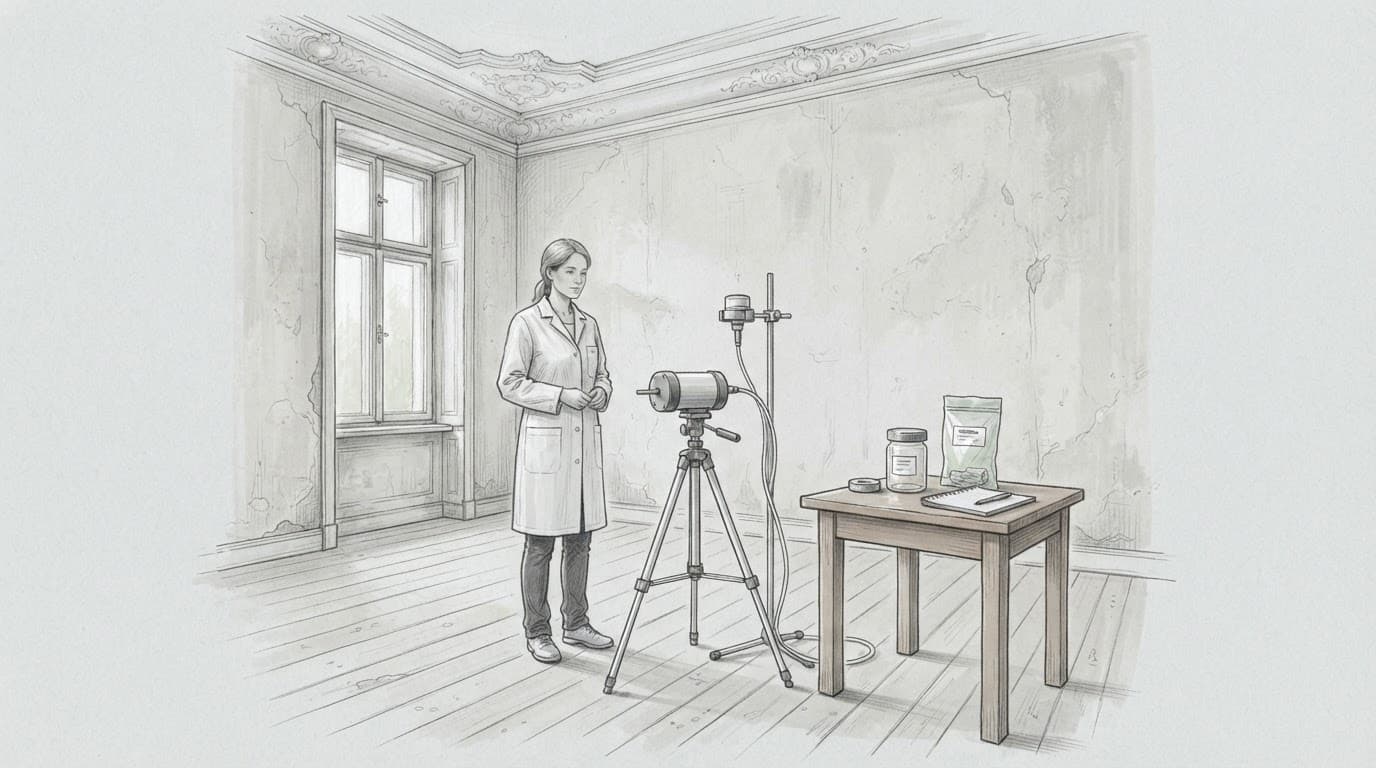 Eine Fachkraft steht neben einer Luftprobepumpe und einem Probenbehälter im hellen Altbau.