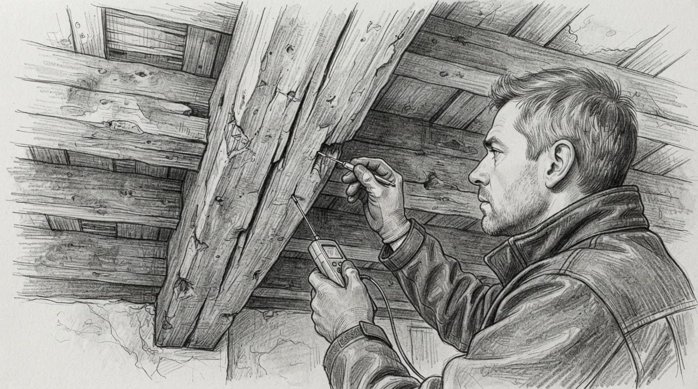 Eine Person prüft alte Holzbalken mit kleinen Rissen.