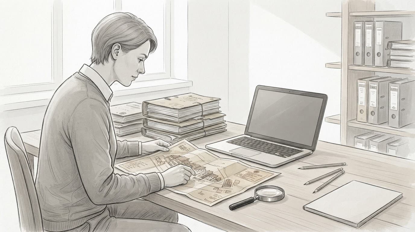 Eine Person prüft Bauakten und einen historischen Lageplan an einem Schreibtisch.
