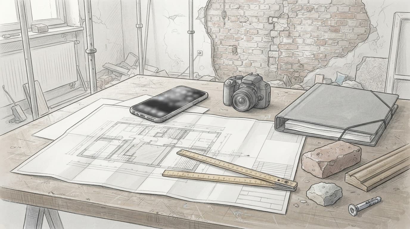 Smartphone, Kamera, Pläne und Messwerkzeuge liegen auf einem Tisch vor einer Ziegelwand.
