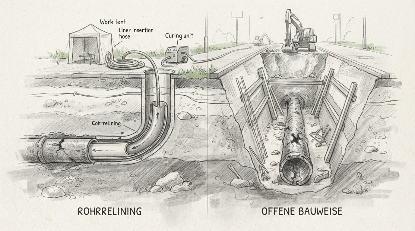 Graphitzeichnung vergleicht Rohrrelining und offene Bauweise im Erdreich.