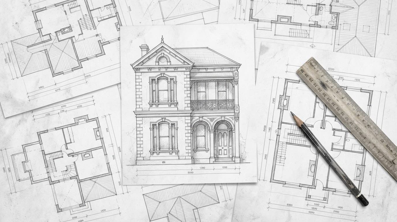 Baupläne, Altbaufassade, Lineal und Bleistift liegen auf weißem Papier.