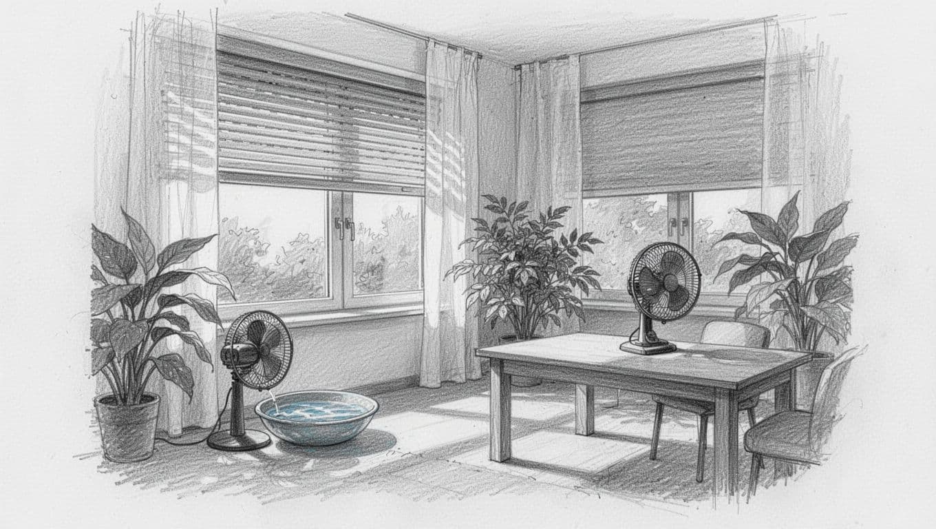 Wohnzimmer mit gesenkten Rollläden, geschlossenem Fenster und Tischventilator.