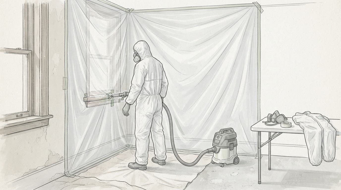 Eine Person in Schutzkleidung arbeitet in einem abgedichteten Raum mit Absaugung.