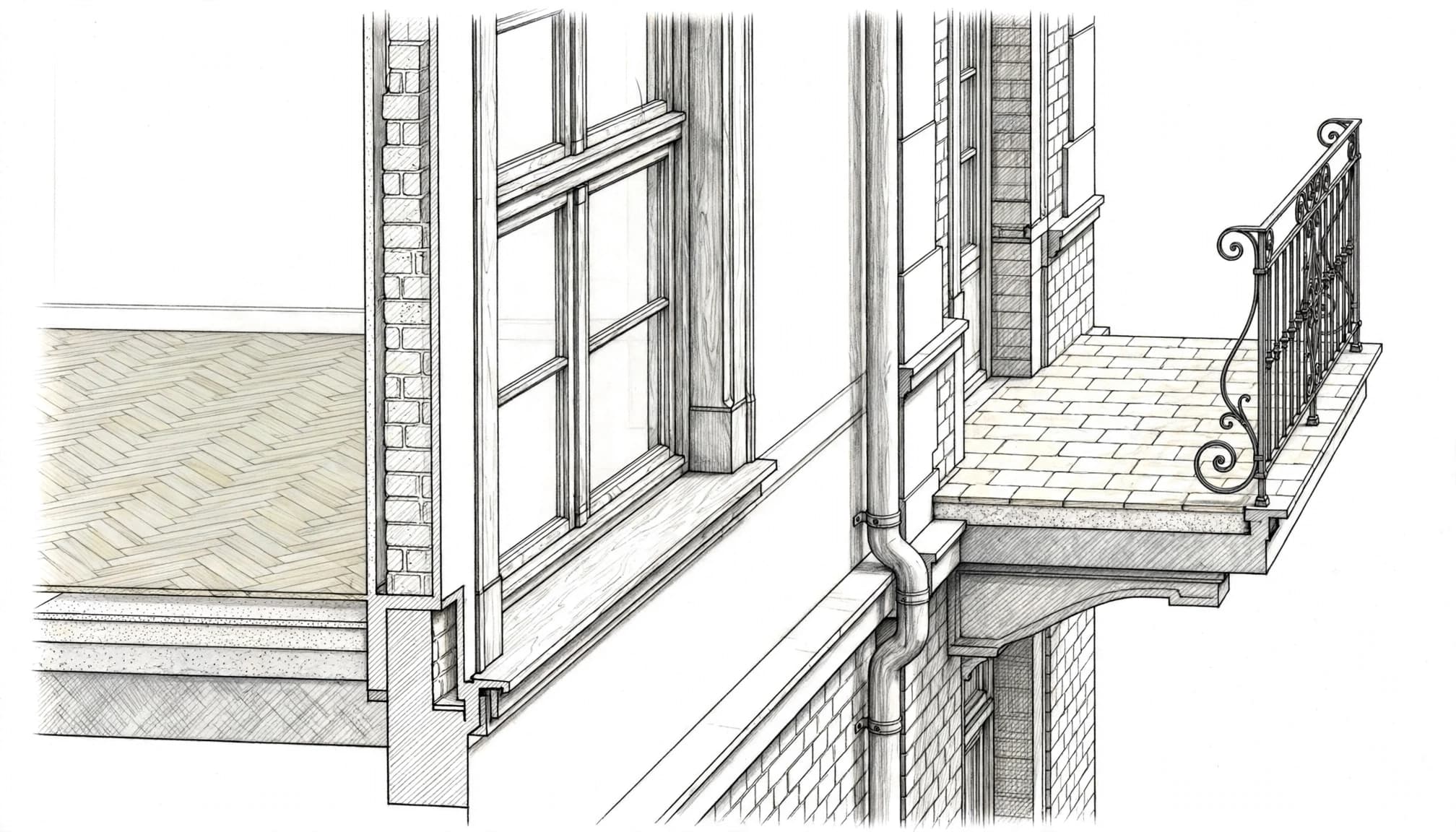 Handgezeichnete Schnittansicht eines Altbau-Balkons mit Fenster, Bodenbelag und senkrechtem Rohr.