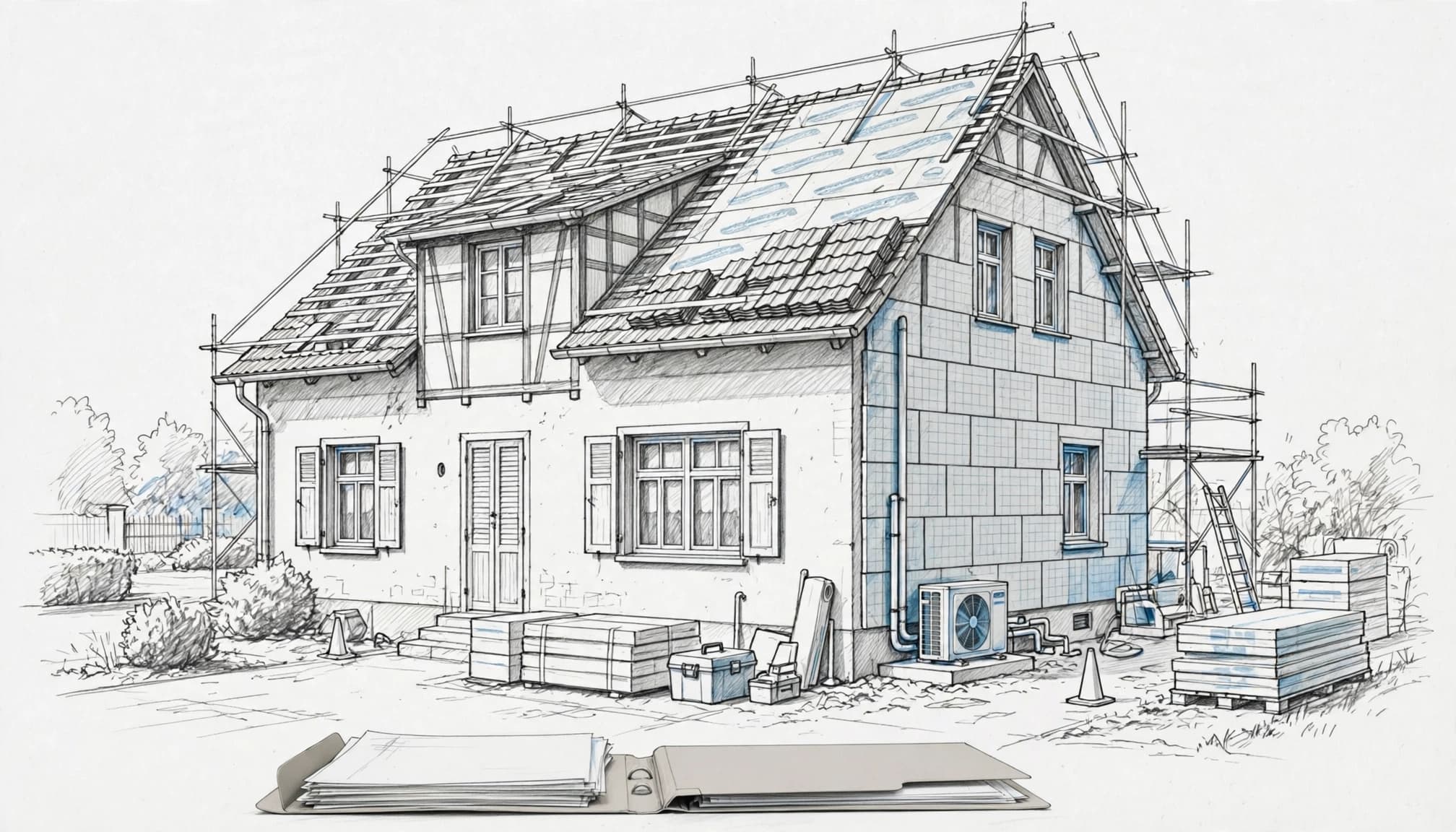 Sanierter Altbau mit Fassadendämmung, Wärmepumpe und Finanzierungsmappe im Vordergrund.