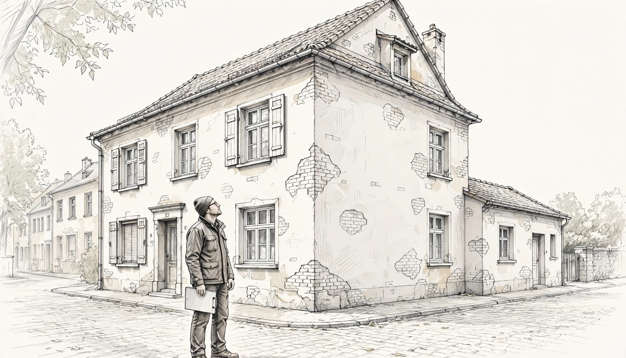 Bausachverständiger prüft die Fassade eines alten dreigeschossigen Wohnhauses.
