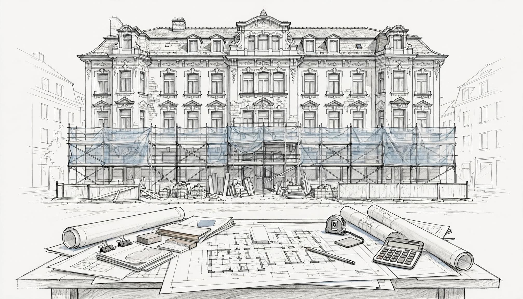 Gründerzeit-Altbau hinter Bauunterlagen und Taschenrechner auf einem Arbeitstisch.