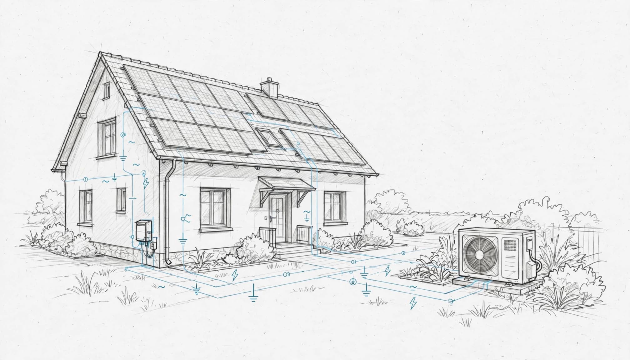 Skizze eines Hauses mit Solarmodulen, Wallbox und Wärmepumpe im Garten.