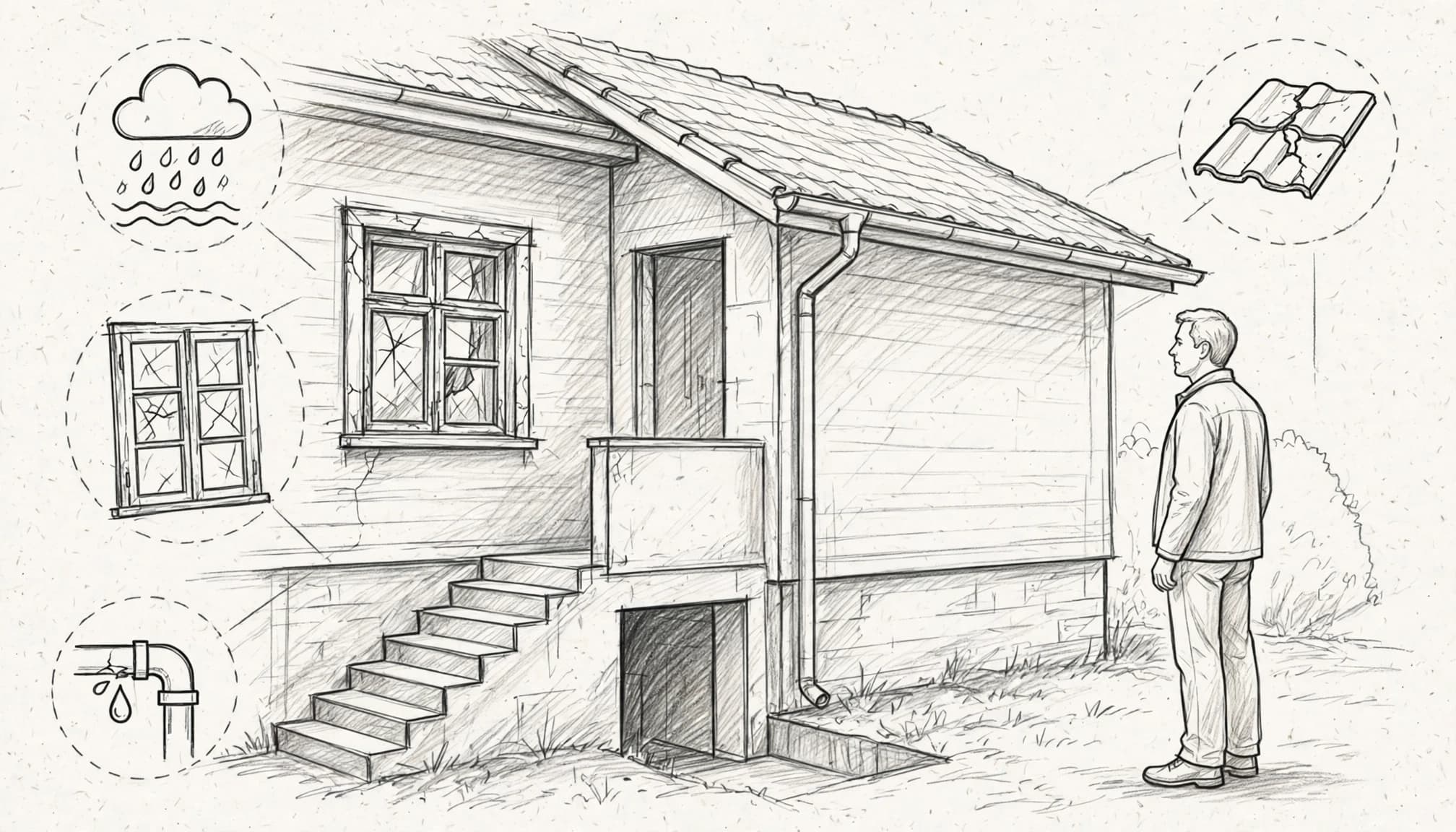 Eine Person steht vor einem alten Haus mit Symbolen für Feuchtigkeit, Fenster, Dach und Leitungen.