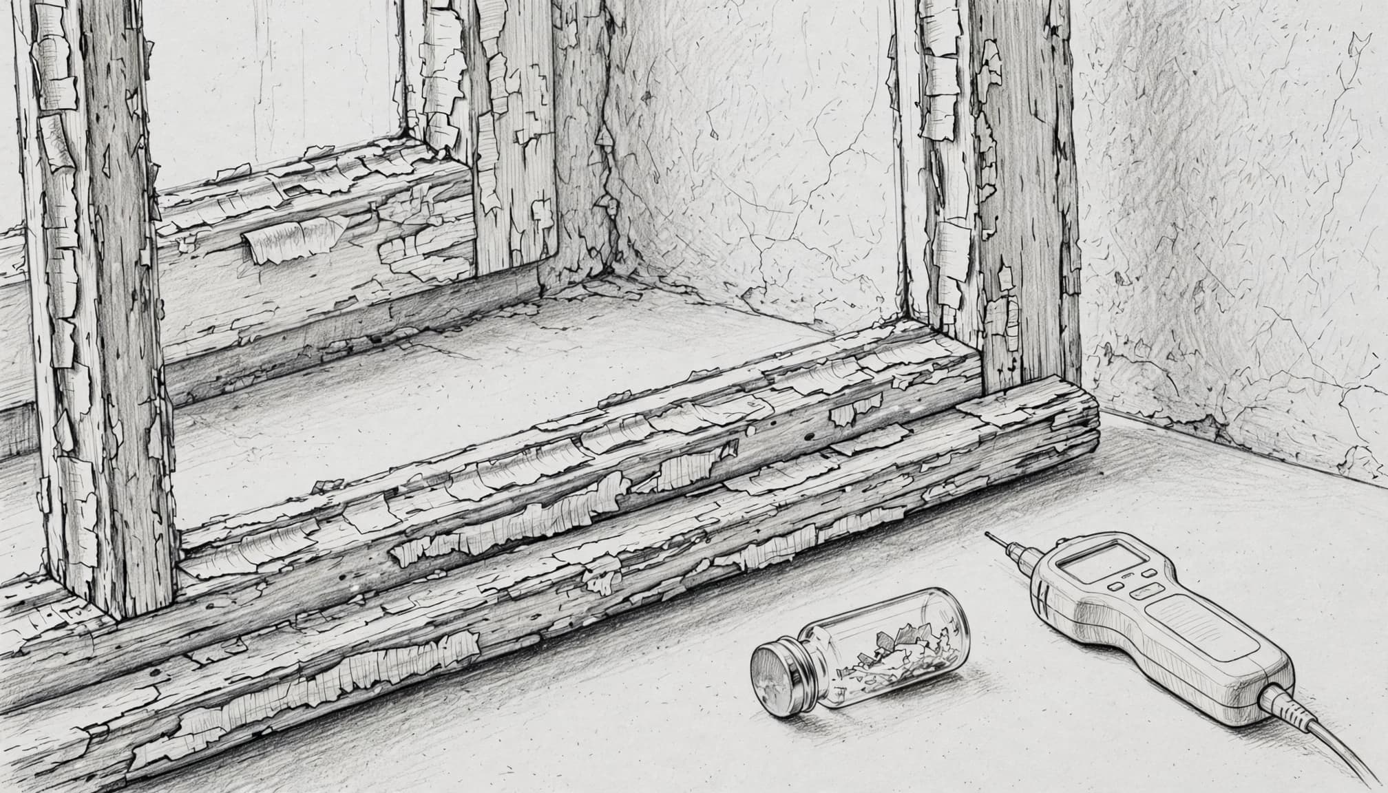 Bleistiftzeichnung eines alten Holzfensterrahmens mit abblätternder Farbe, daneben eine Glasprobe und ein Messgerät.