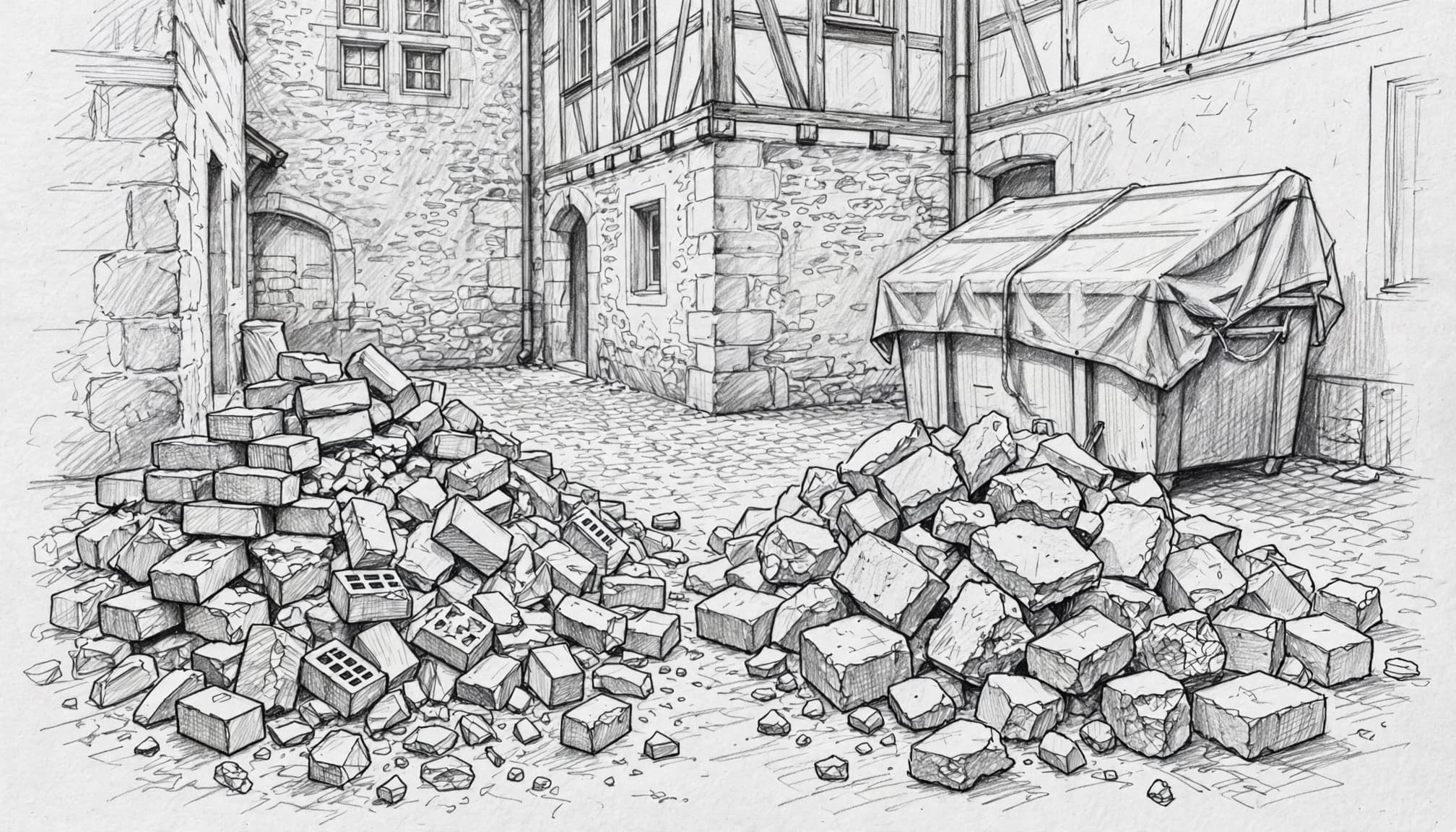 Getrennte Haufen aus Mauerwerk und Beton vor einem abgedeckten Container im Innenhof.