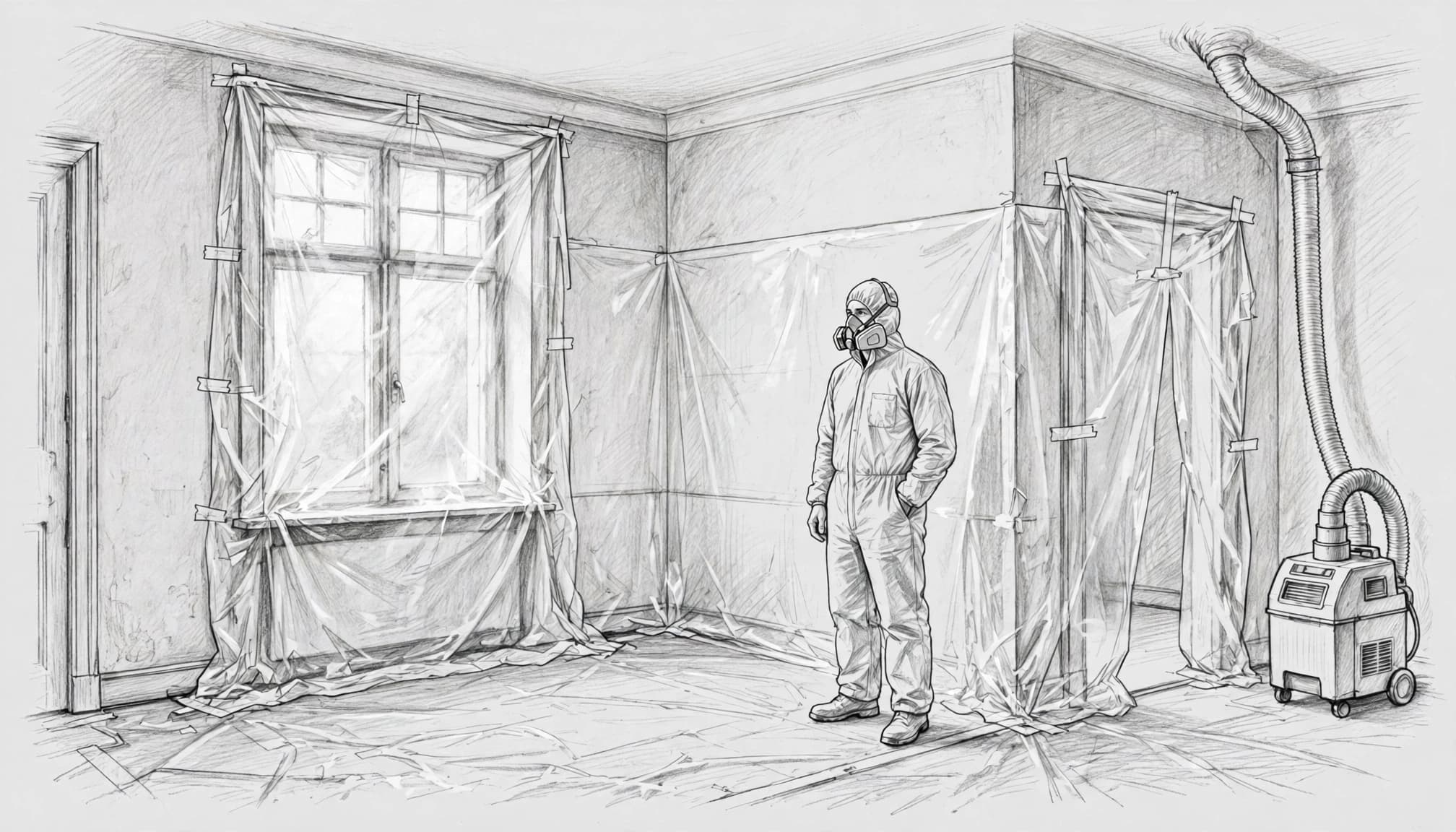 Bleistiftzeichnung eines Arbeiters in Schutzanzug und Maske in einem abgeklebten Raum.